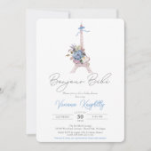 Bonjour Bebe, Blue Floral Eiffel Paris Baby shower Kaart (Voorkant)