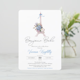 Bonjour Bebe, Blue Floral Eiffel Paris Baby shower Kaart
