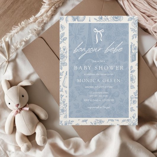Bonjour Bebe Blue Toile French Boy Baby shower Kaart