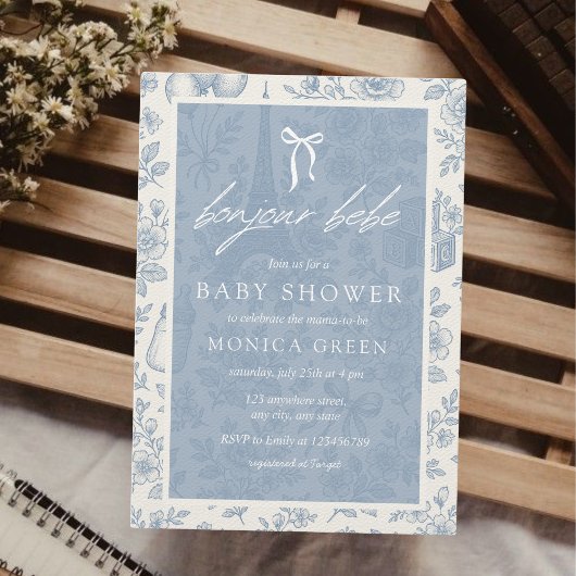Bonjour Bebe Blue Toile French Boy Baby shower Kaart