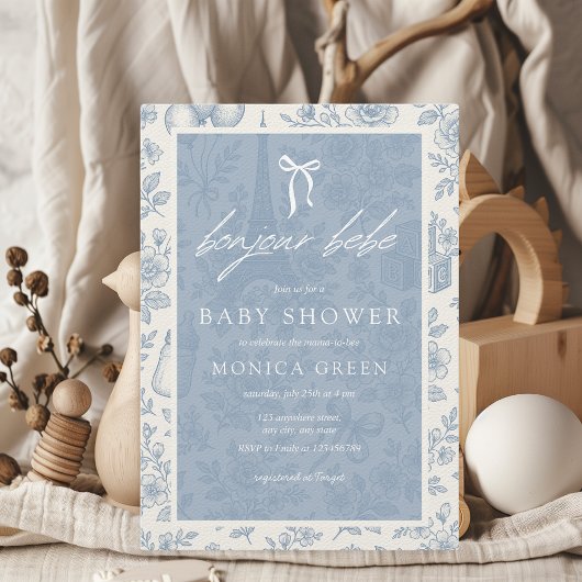 Bonjour Bebe Blue Toile French Boy Baby shower Kaart