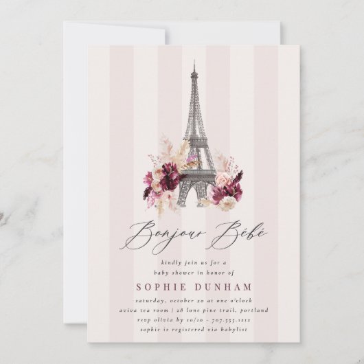 Bonjour Bébé Blush Stripe Paris Baby shower Kaart (Voorkant)