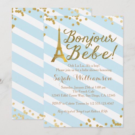 Bonjour Bebe Boy Baby shower Uitnodiging (Voorkant / Achterkant)
