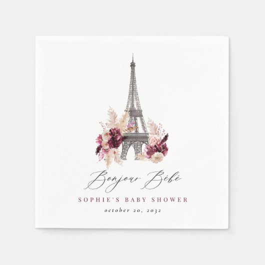 Bonjour Bébé Burgundy Floral Paris Baby Shower Servet (Voorkant)