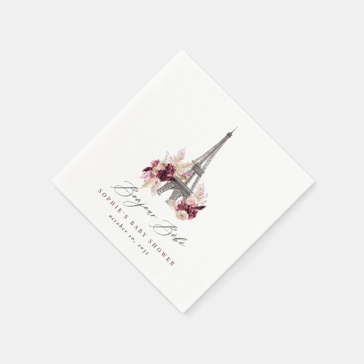 Bonjour Bébé Burgundy Floral Paris Baby Shower Servet (Hoek)
