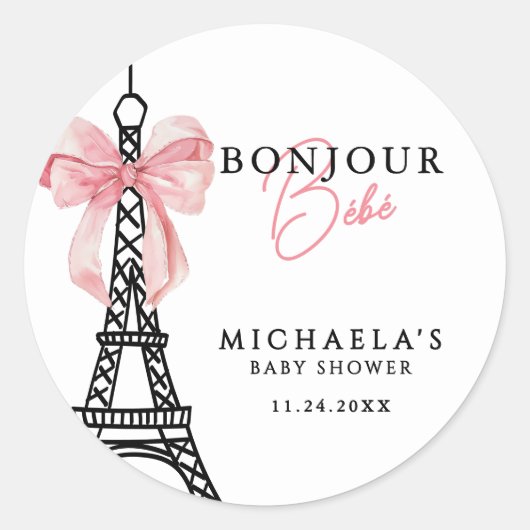 Bonjour Bébé Coquette Bow Paris Baby shower Ronde Sticker (Voorkant)