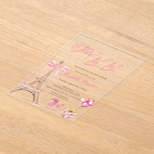 Bonjour Bébé Eiffel Tower Bow Striped Baby Shower Acryl Uitnodigingen (Laagn)