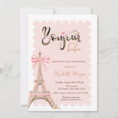 Bonjour Bébé Eiffel Tower Bow Striped Baby Shower Kaart (Voorkant)