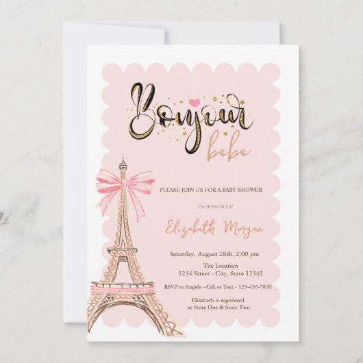 Bonjour Bébé Eiffel Tower Bow Striped Baby Shower Kaart (Voorkant)