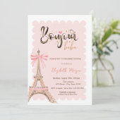 Bonjour Bébé Eiffel Tower Bow Striped Baby Shower Kaart (Staand voorkant)