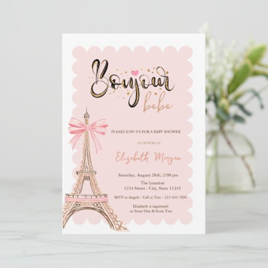 Bonjour Bébé Eiffel Tower Bow Striped Baby Shower Kaart (Staand voorkant)