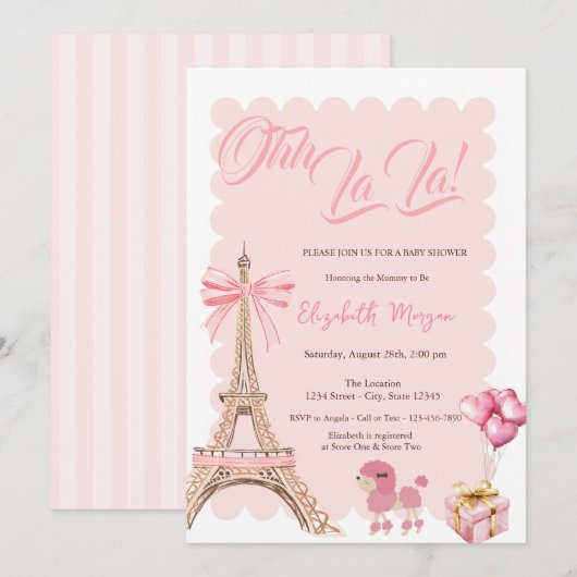 Bonjour Bébé Eiffel Tower Bow Striped Baby Shower Kaart (Voorkant / Achterkant)