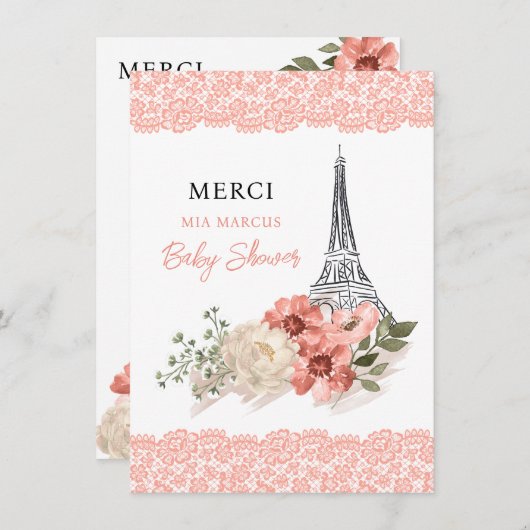 Bonjour Bebe Eiffel Tower Paris Baby shower Bedankkaart (Voorkant / Achterkant)