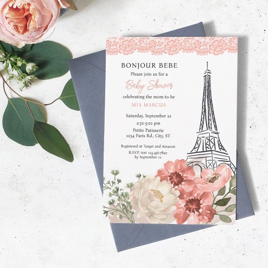 Bonjour Bebe Eiffel Tower Paris Baby shower Kaart