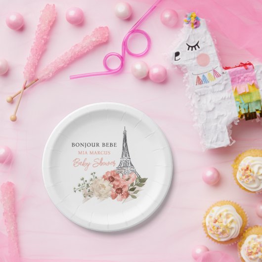 Bonjour Bebe Eiffel Tower Paris Baby shower Papieren Bordje (Feest)