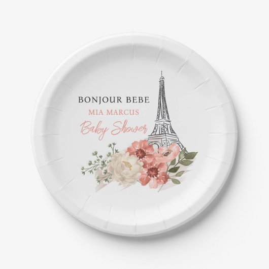 Bonjour Bebe Eiffel Tower Paris Baby shower Papieren Bordje (Voorkant)