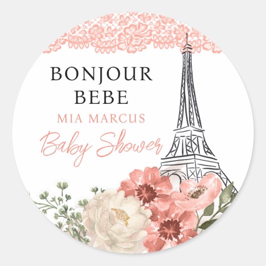 Bonjour Bebe Eiffel Tower Paris Baby shower Ronde Sticker (Voorkant)