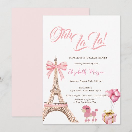 Bonjour Bébé Eiffel Tower Pink Bow Present Poodle Kaart (Voorkant / Achterkant)