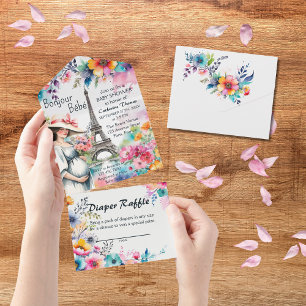 Bonjour Bebe Floral Eiffeltoren Parijs Baby shower All In One Uitnodiging