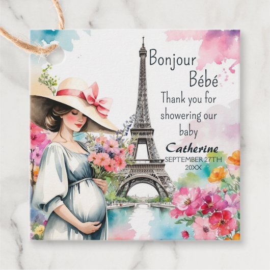 Bonjour Bebe Floral Eiffeltoren Parijs Baby shower Bedankjes Labels (Voorkant)