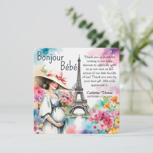 Bonjour Bebe Floral Eiffeltoren Parijs Baby shower Bedankkaart (Staand voorkant)