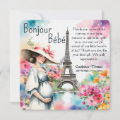 Bonjour Bebe Floral Eiffeltoren Parijs Baby shower Bedankkaart (Voorkant)