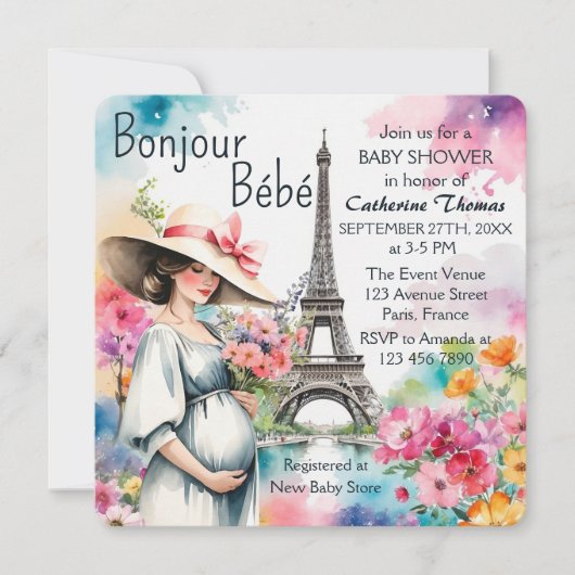 Bonjour Bebe Floral Eiffeltoren Parijs Baby shower Kaart (Voorkant)