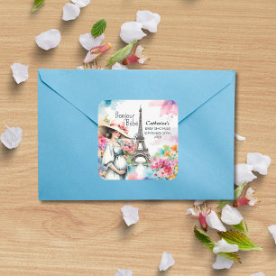 Bonjour Bebe Floral Eiffeltoren Parijs Baby shower Vierkante Sticker