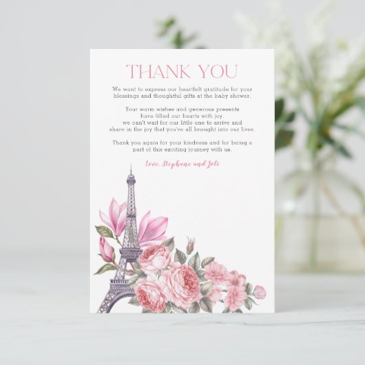 Bonjour Bebe | Floral Frans Baby shower Bedankkaart (Staand voorkant)