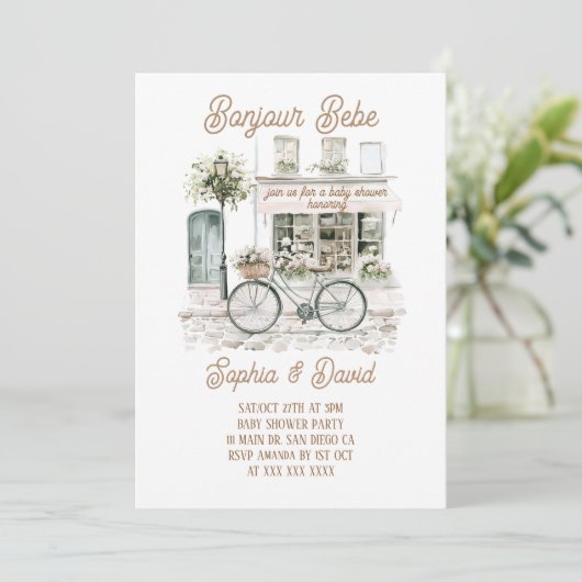 Bonjour Bebe Floral Frans Baby shower Kaart (Staand voorkant)