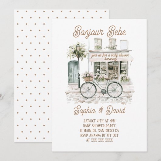 Bonjour Bebe Floral Frans Baby shower Kaart (Voorkant / Achterkant)
