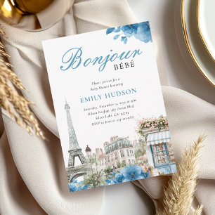 Bonjour Bebe Frans Blauw Baby shower Uitnodiging