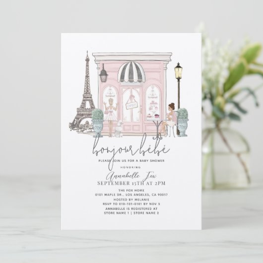Bonjour Bébé Frans Parijse Café Roze Baby shower Kaart (Staand voorkant)