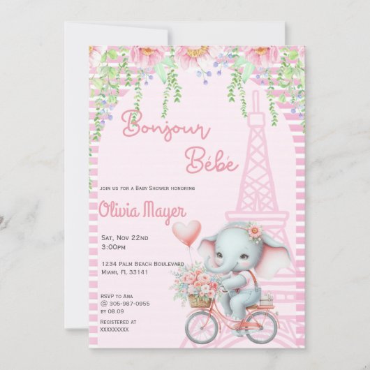 Bonjour Bebe Frans Parijse Olifant Baby shower Kaart (Voorkant)