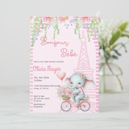 Bonjour Bebe Frans Parijse Olifant Baby shower Kaart (Staand voorkant)