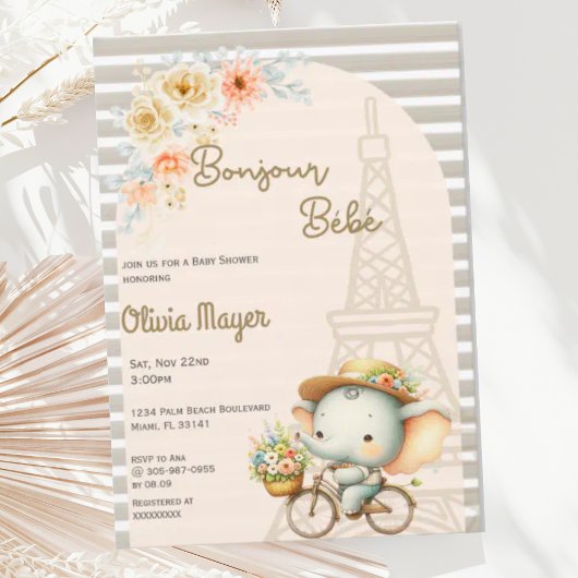 Bonjour Bebe Frans Parijse Olifant Baby shower Kaart