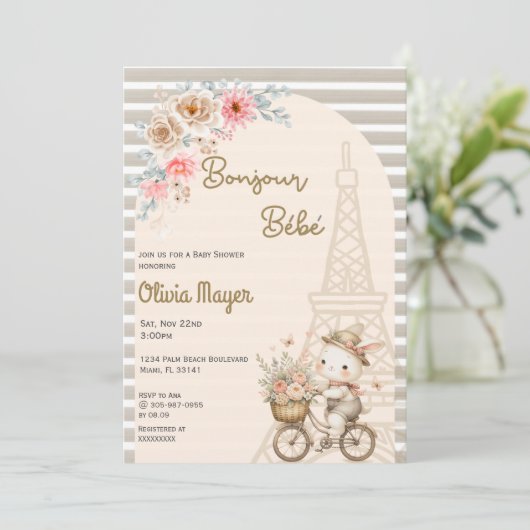 Bonjour Bebe Frans Paris Bunny Baby shower Kaart (Staand voorkant)