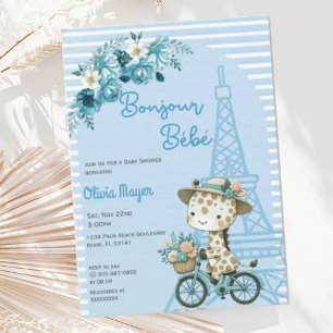 Bonjour Bebe Frans Paris Giraffe Blauw Baby shower Kaart