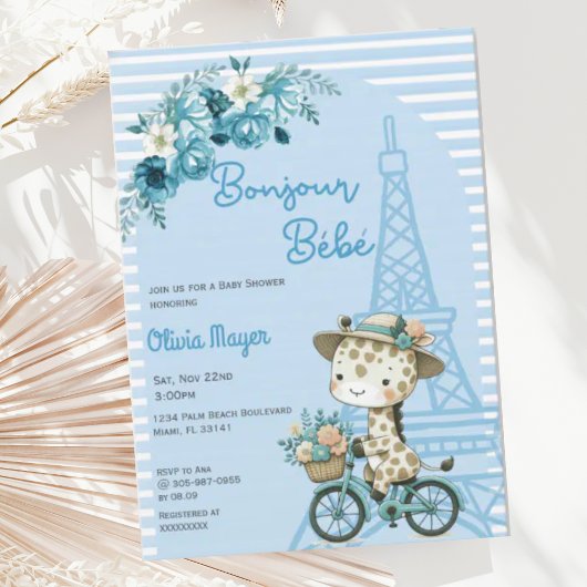 Bonjour Bebe Frans Paris Giraffe Blauw Baby shower Kaart