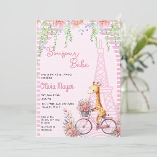 Bonjour Bebe Frans Paris Roze Giraffe Baby shower Kaart (Staand voorkant)