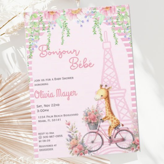 Bonjour Bebe Frans Paris Roze Giraffe Baby shower Kaart