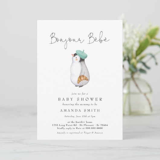 Bonjour Bebe Frans Pinguïn Neutraal Baby shower Kaart (Staand voorkant)
