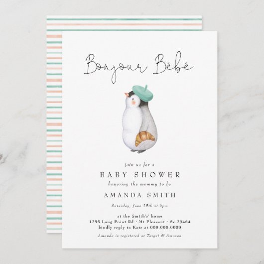 Bonjour Bebe Frans Pinguïn Neutraal Baby shower Kaart (Voorkant / Achterkant)