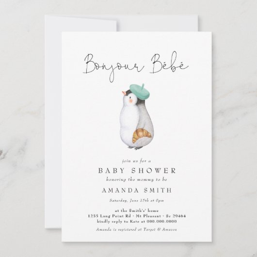 Bonjour Bebe Frans Pinguïn Neutraal Baby shower Kaart (Voorkant)