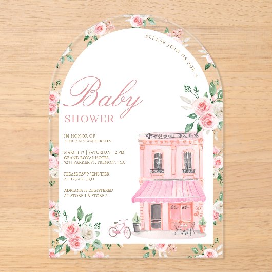 Bonjour Bebe Frans Roze Parijse Café Baby shower Acryl Uitnodigingen (Voorkant)