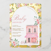 Bonjour Bebe Frans Roze Parijse Café Baby shower Folie Uitnodiging (Voorkant)