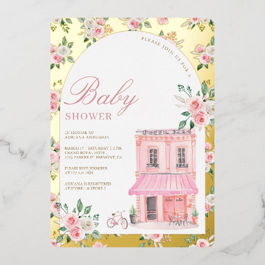 Bonjour Bebe Frans Roze Parijse Café Baby shower Folie Uitnodiging (Voorkant)