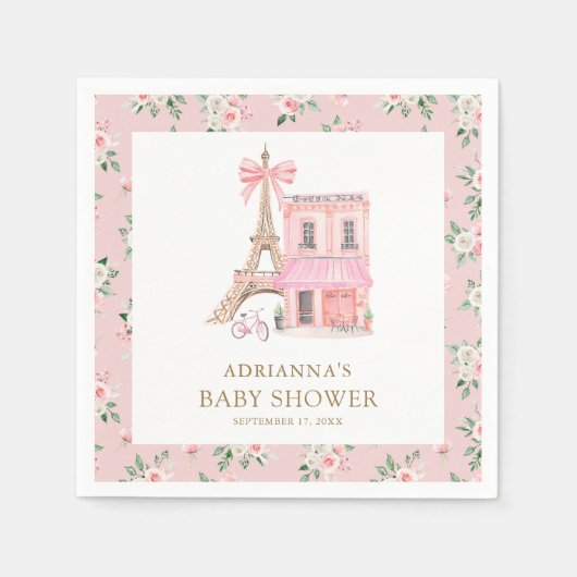 Bonjour Bebe Frans Roze Parijse Café Baby shower Servet (Voorkant)