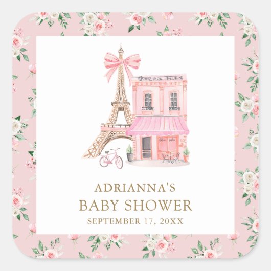 Bonjour Bebe Frans Roze Parijse Café Baby shower Vierkante Sticker (Voorkant)