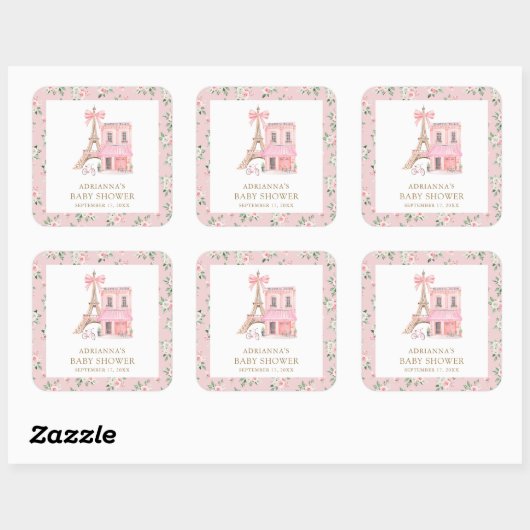 Bonjour Bebe Frans Roze Parijse Café Baby shower Vierkante Sticker (Vel)
